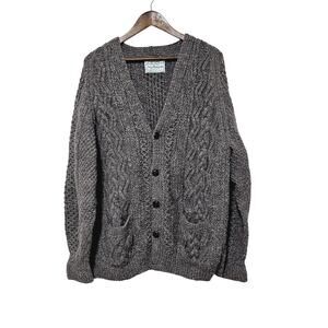 Aran Hand Knit Cardigan Sweater Men's Size 1X Gray Fisherman Pure Wool Vintage